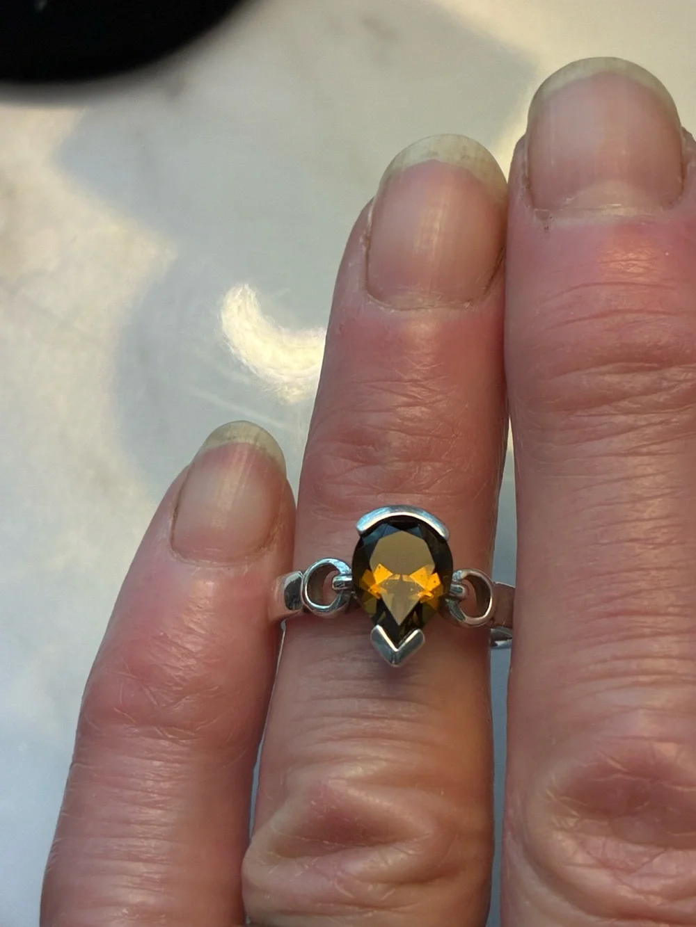 Sterling Silver Ring with Pear-Cut Smoky Brown Stone